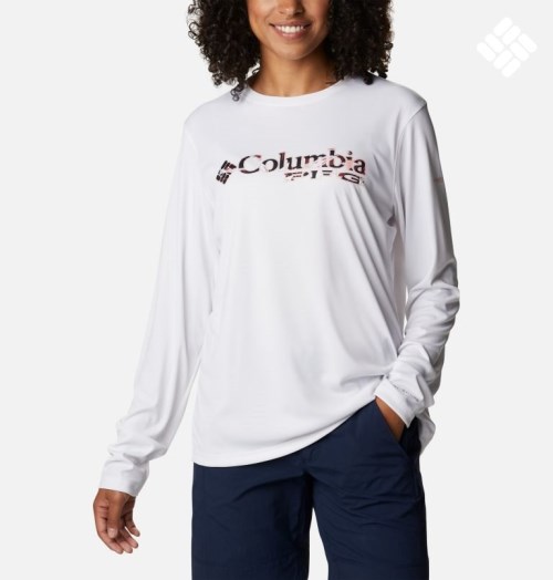 Columbia PFG Tidal Tee Stacked Logo Long Sleeve Gensere Dame Hvite | 47089C