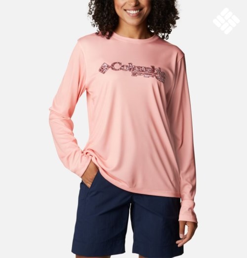 Columbia PFG Tidal Tee Stacked Logo Long Sleeve Gensere Dame Rosa | 51638M