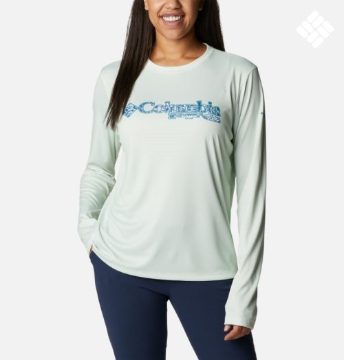 Columbia PFG Tidal Tee Stacked Logo Long Sleeve Gensere Dame Mint | 51693E